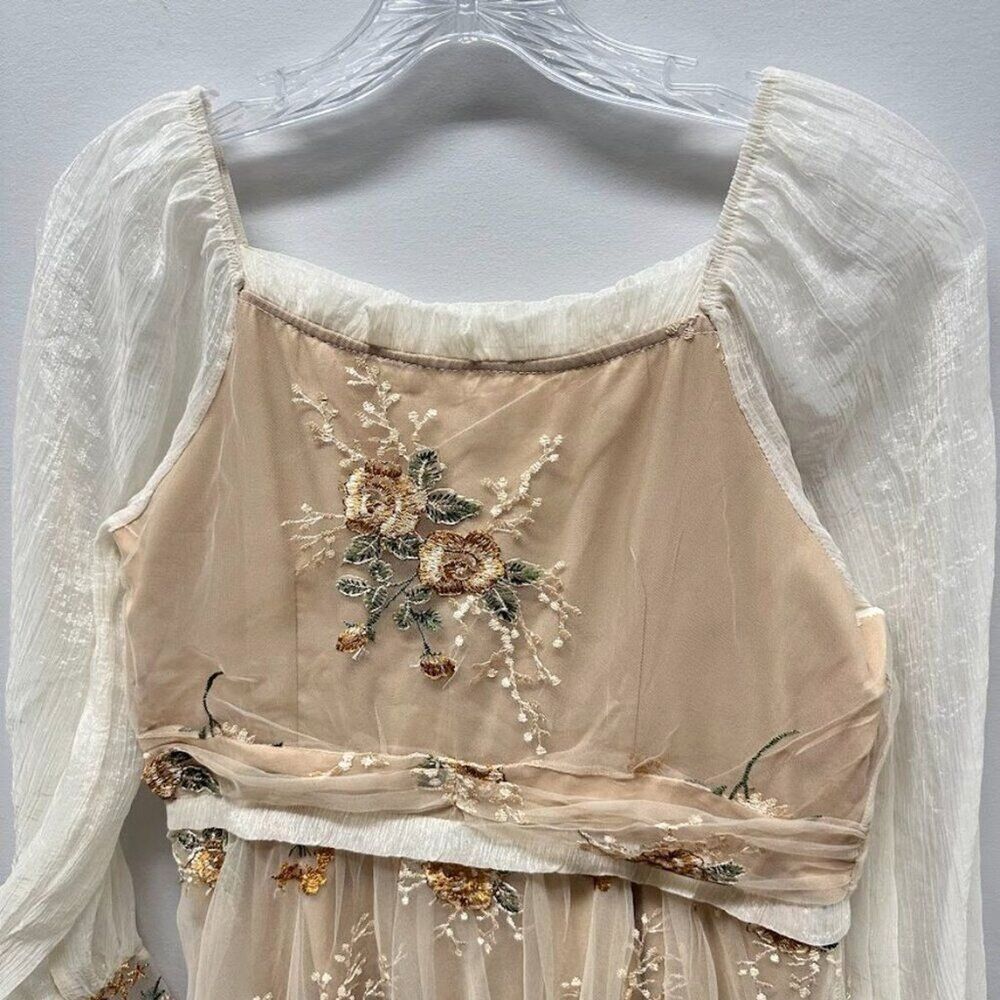 Maizishule Beige Floral Embroidered Midi Dress | Boho Sheer Long Sleeve Size L - Picture 11 of 16